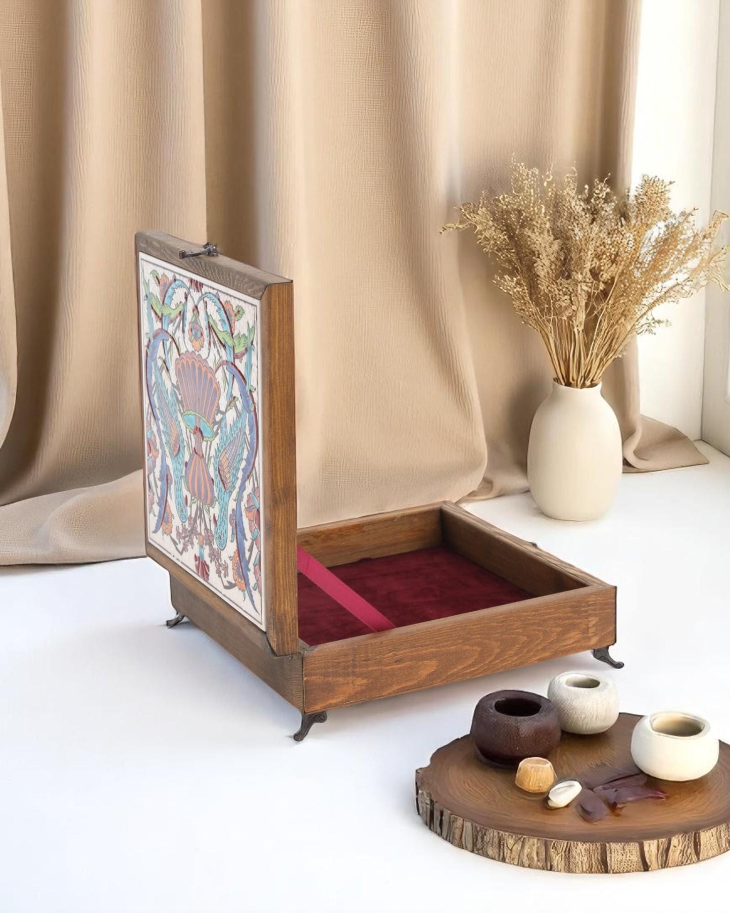 Turkish Ceramic Keepsake Box, Handmade Wooden Jewelry Chest, Bird Pattern Tile Lid, Nature Inspired Decor Gift,20x20 cm