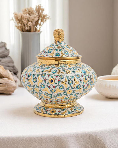 Gold Accent Turkish Ceramic Jar with Lid, 15x10 cm Handmade Decorative Pot, Floral Glazed Storage Bowl, Ottoman Home Gift