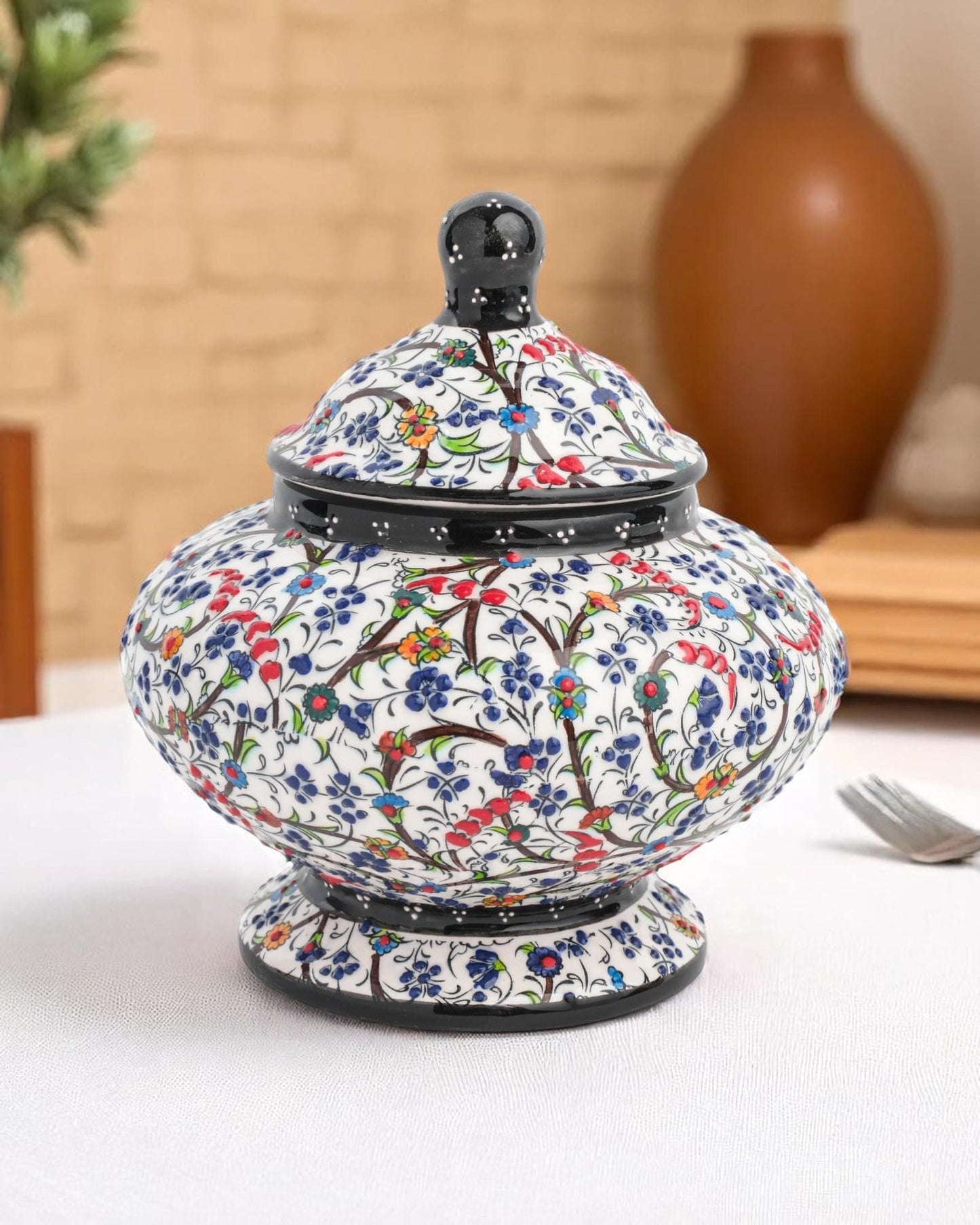 Turkish Ceramic Sugar Jar with Lid, 15x10 cm Black Floral Pot, Handmade Glazed Storage Bowl, Traditional Ottoman Decor Gift