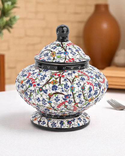Turkish Ceramic Sugar Jar with Lid, 15x10 cm Black Floral Pot, Handmade Glazed Storage Bowl, Traditional Ottoman Decor Gift