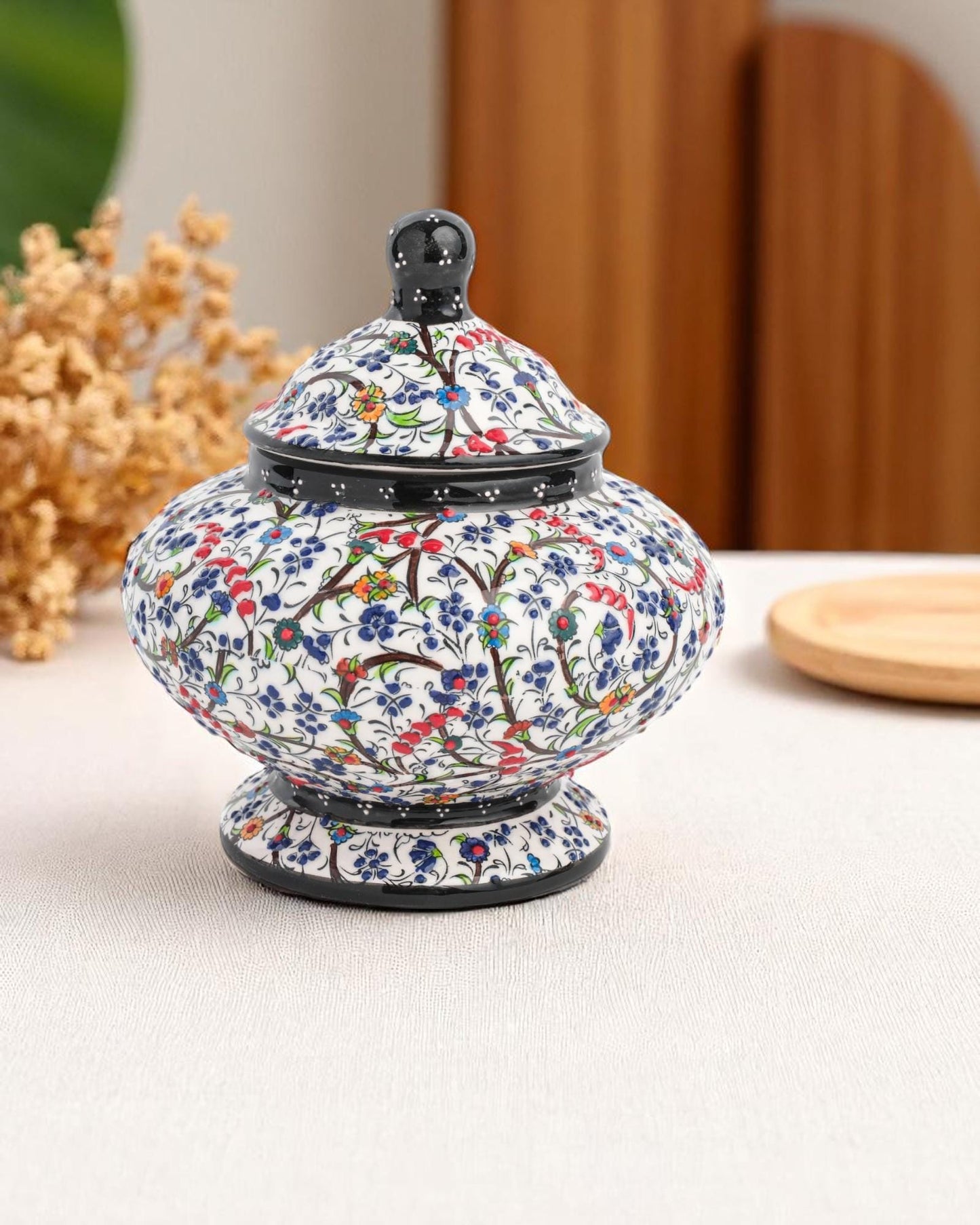 Turkish Ceramic Sugar Jar with Lid, 15x10 cm Black Floral Pot, Handmade Glazed Storage Bowl, Traditional Ottoman Decor Gift