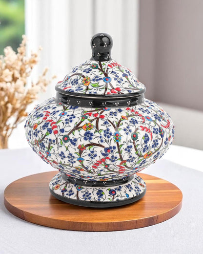 Turkish Ceramic Sugar Jar with Lid, 15x10 cm Black Floral Pot, Handmade Glazed Storage Bowl, Traditional Ottoman Decor Gift