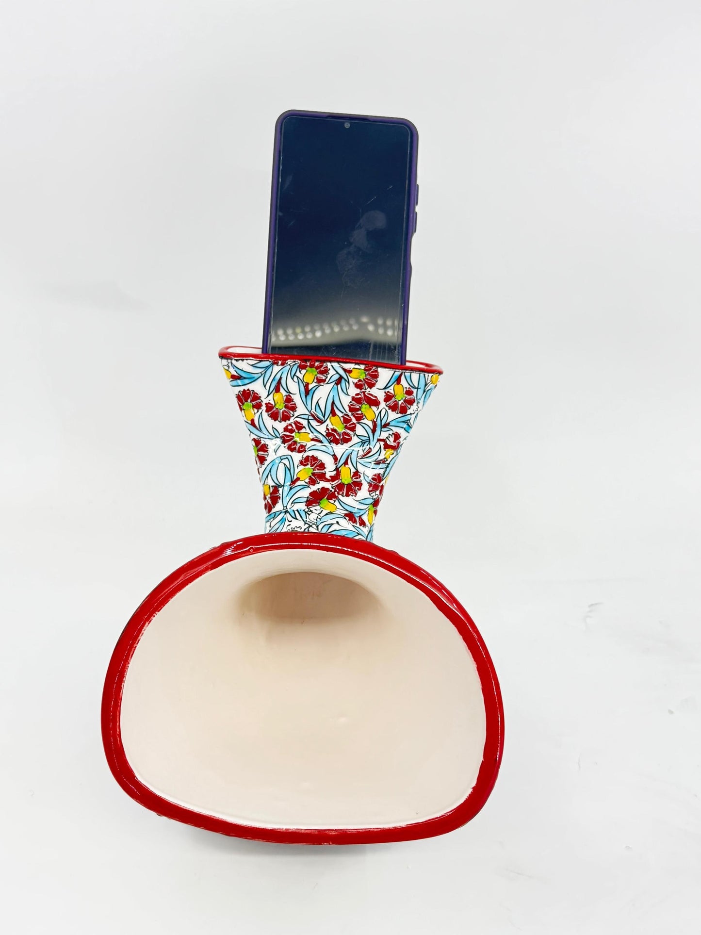 Red Ceramic Phone Amplifier, Handmade Acoustic Speaker, Turkish Floral Tile Art, No Electricity, Unique Gift Idea