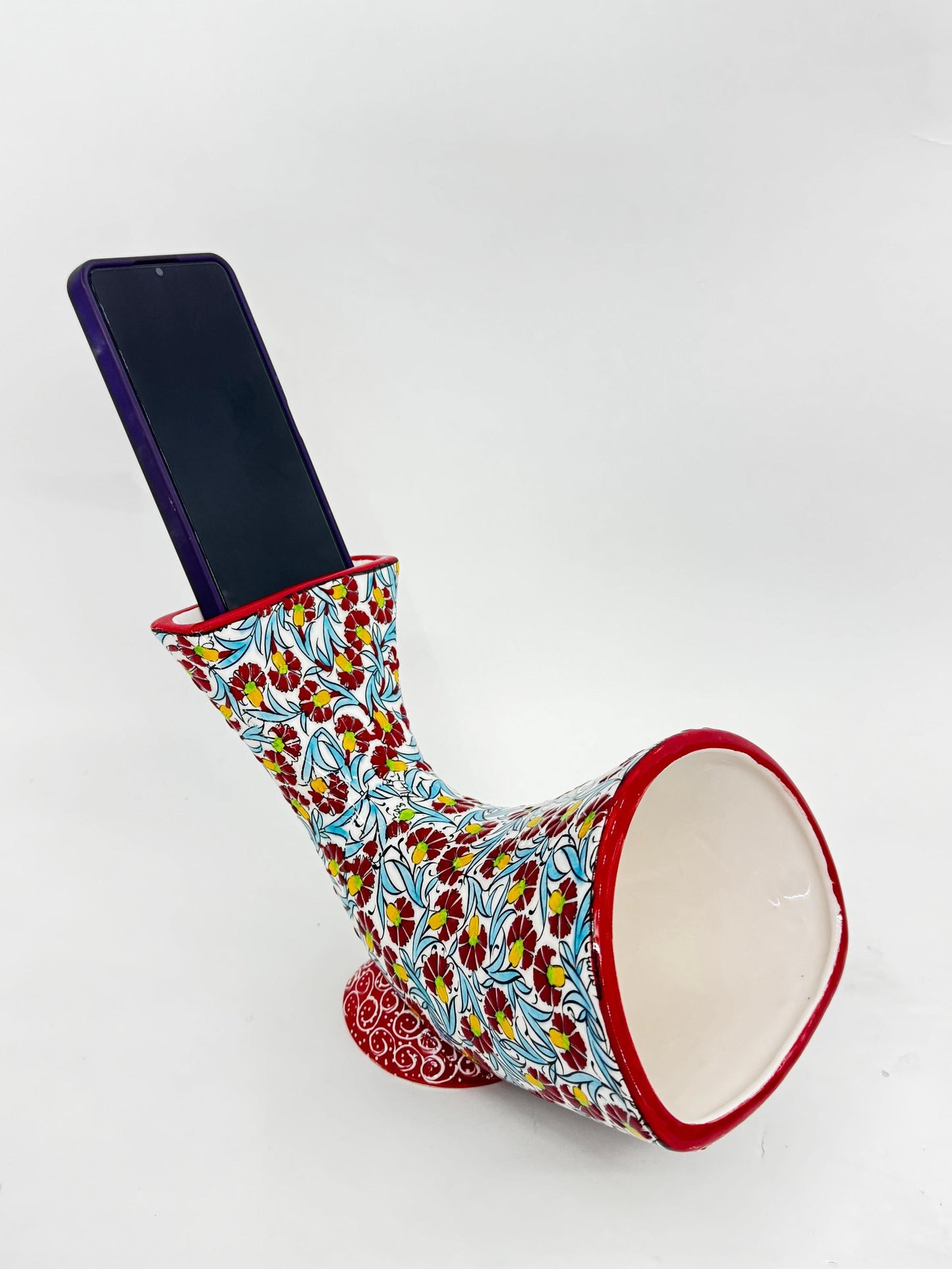 Red Ceramic Phone Amplifier, Handmade Acoustic Speaker, Turkish Floral Tile Art, No Electricity, Unique Gift Idea