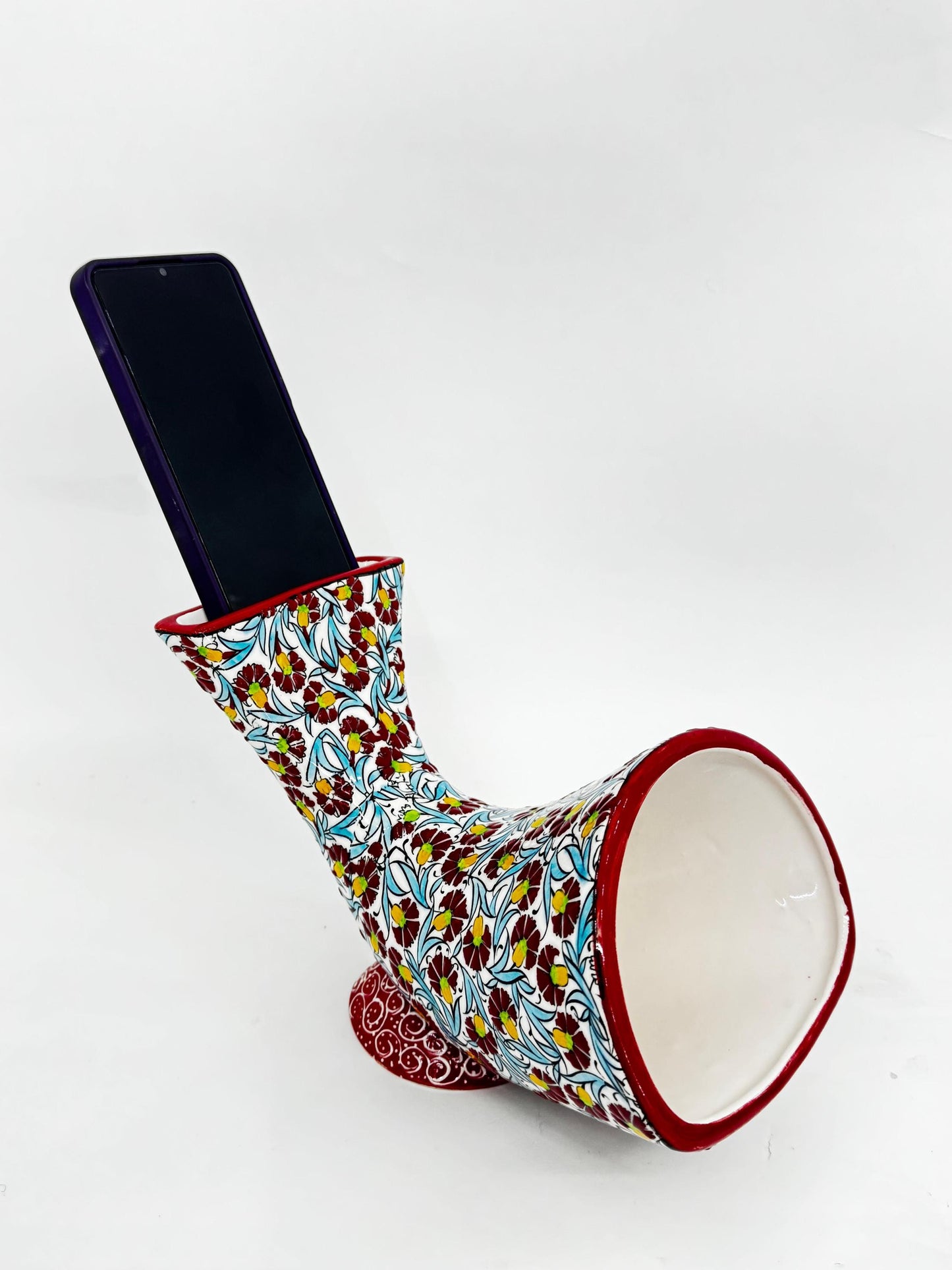 Red Ceramic Phone Amplifier, Handmade Acoustic Speaker, Turkish Floral Tile Art, No Electricity, Unique Gift Idea