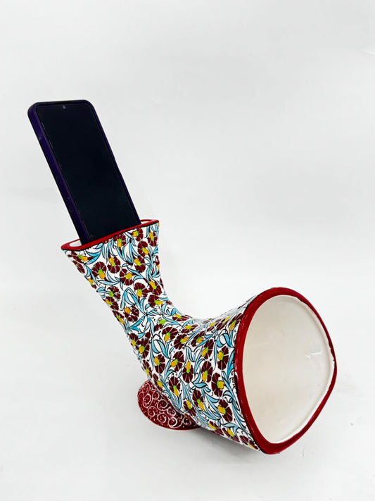 Red Ceramic Phone Amplifier, Handmade Acoustic Speaker, Turkish Floral Tile Art, No Electricity, Unique Gift Idea