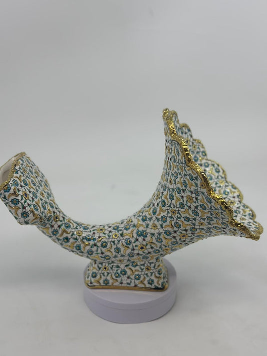 Ceramic Gramophone with 25K Gold, Floral Ottoman Style Horn Speaker, Handmade Pottery Amplifier, Acoustic Art Decor, 25x30 cm