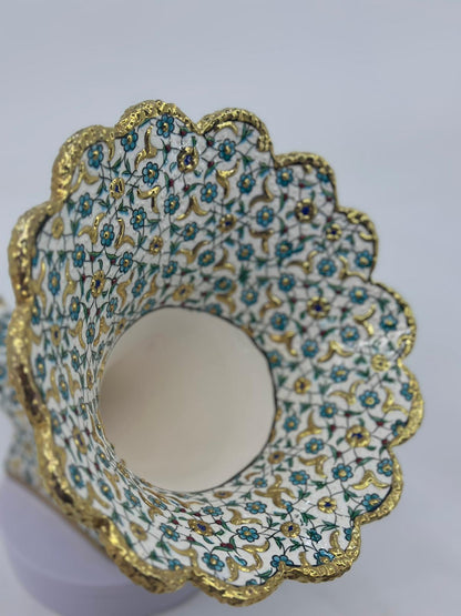 Ceramic Gramophone with 25K Gold, Floral Ottoman Style Horn Speaker, Handmade Pottery Amplifier, Acoustic Art Decor, 25x30 cm