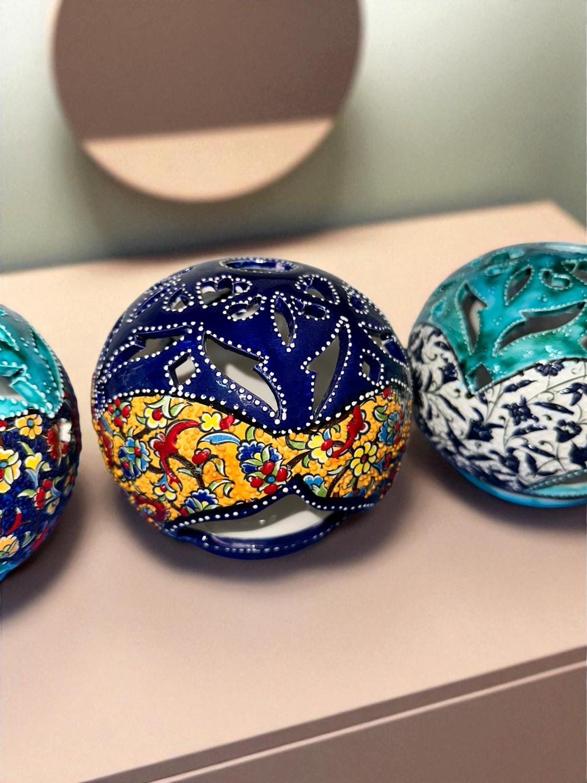 Handmade Turkish Ceramic Candle Holder: Nicea Floral Lantern, Boho Decor