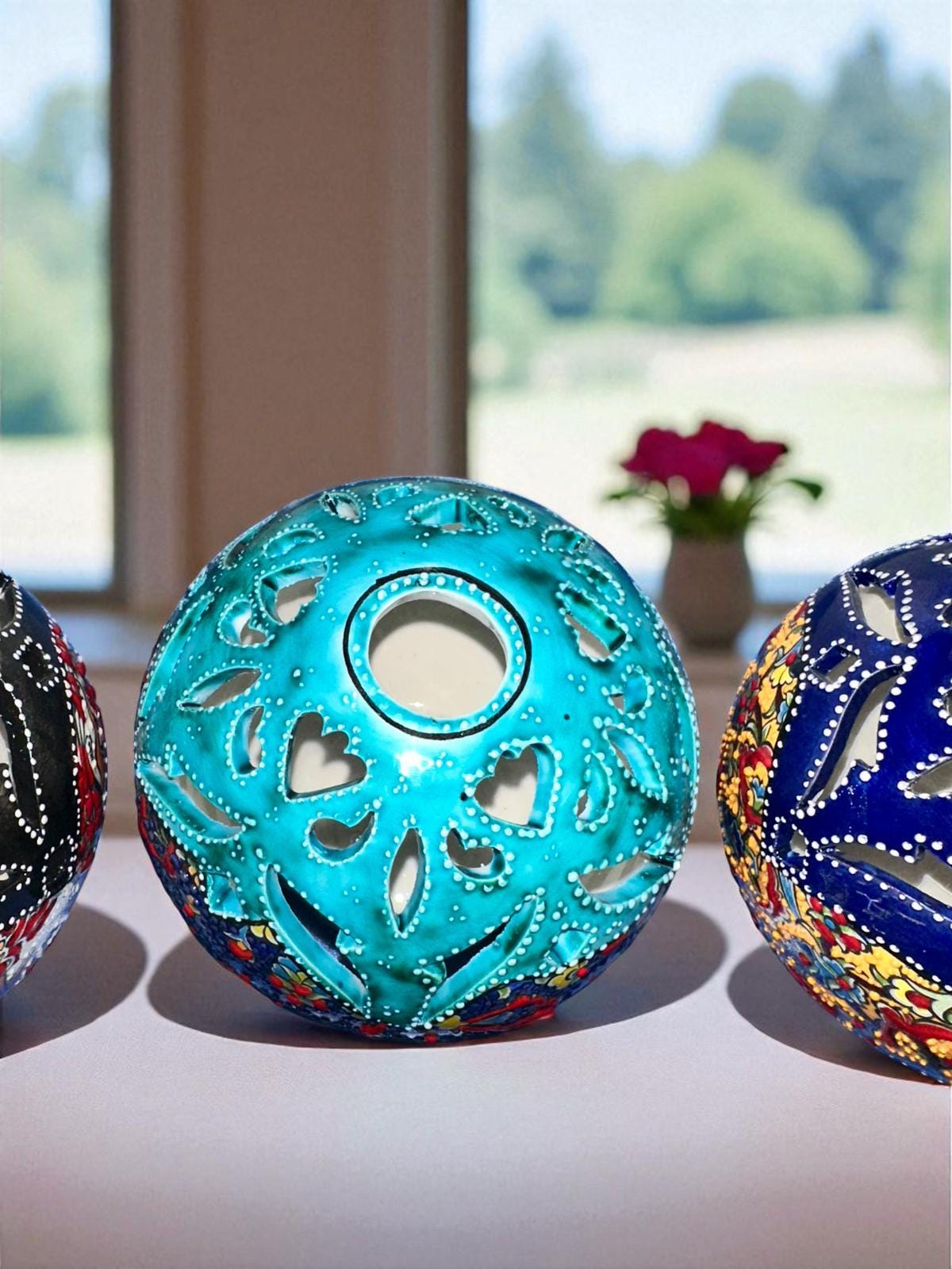 Handmade Turkish Ceramic Candle Holder: Nicea Floral Lantern, Boho Decor