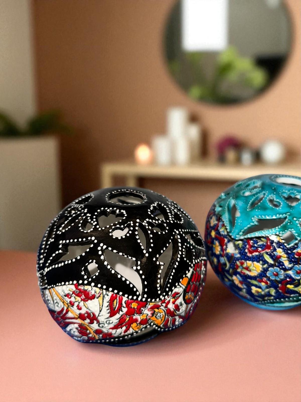 Handmade Turkish Ceramic Candle Holder: Nicea Floral Lantern, Boho Decor