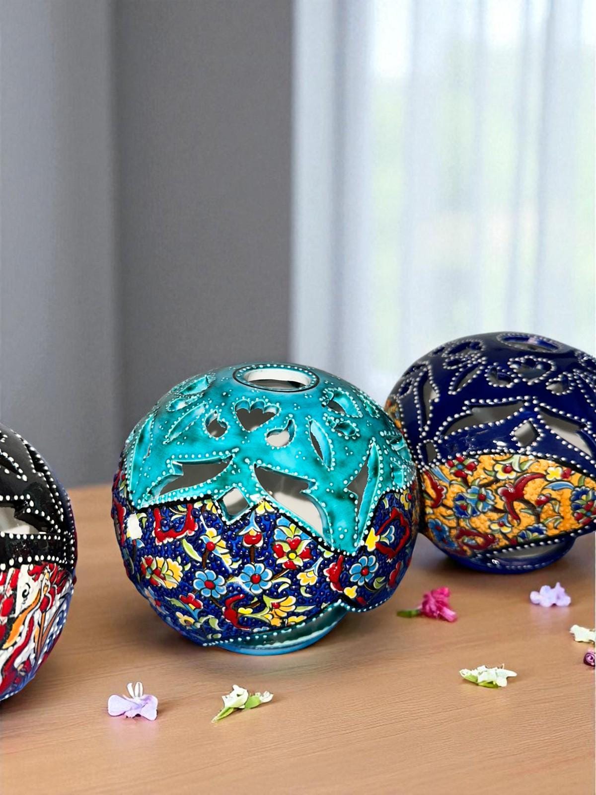 Handmade Turkish Ceramic Candle Holder: Nicea Floral Lantern, Boho Decor