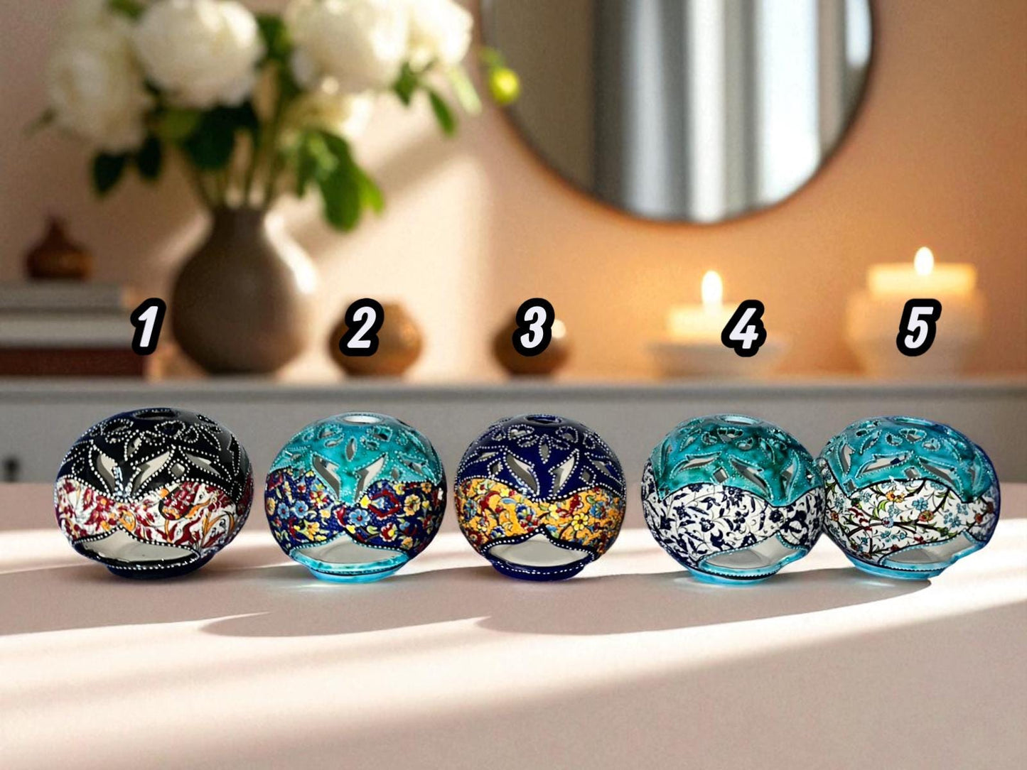 Handmade Turkish Ceramic Candle Holder: Nicea Floral Lantern, Boho Decor