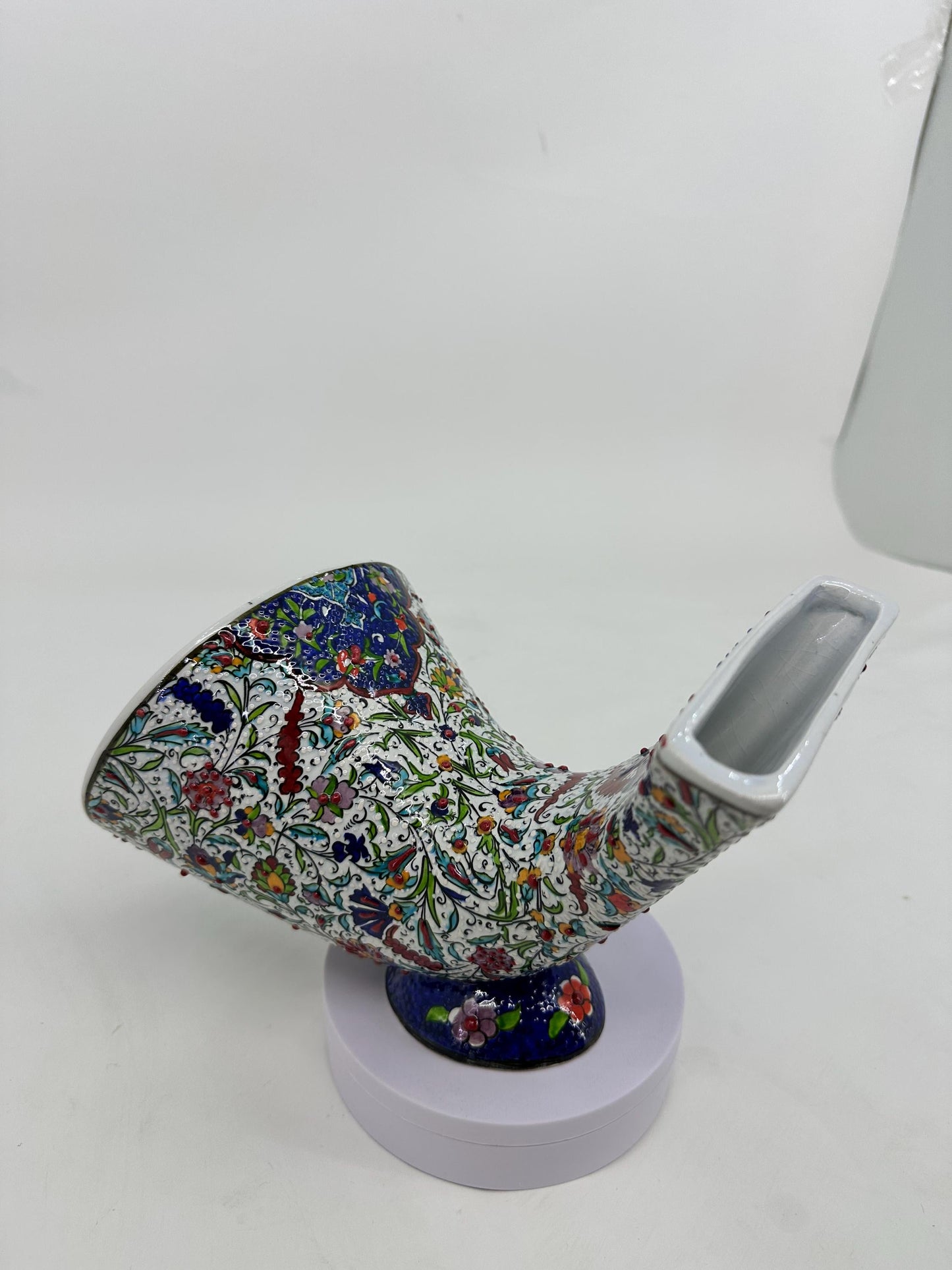 Handmade Ceramic Gramophone, Floral Phone Amplifier, Turkish Iznik Speaker, White Ottoman Decor, Boho Gift Idea
