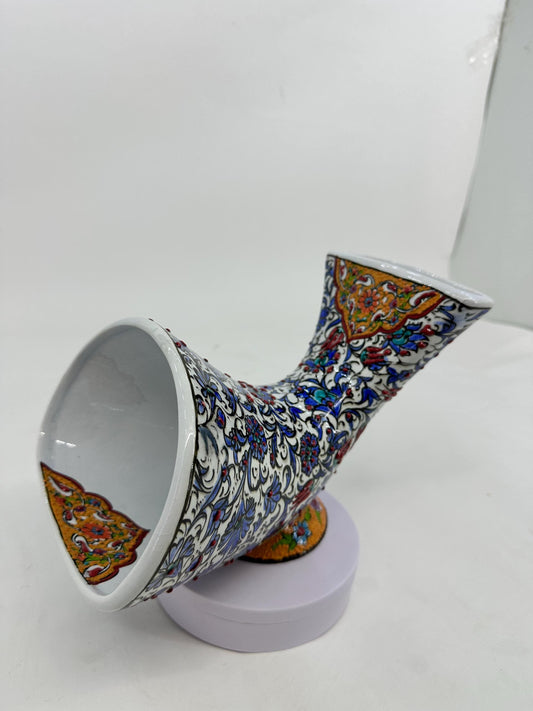 Turkish Ceramic Gramophone, White Floral Phone Amplifier, Handmade Iznik Speaker, Boho Oriental Decor, Gold Accent Gift