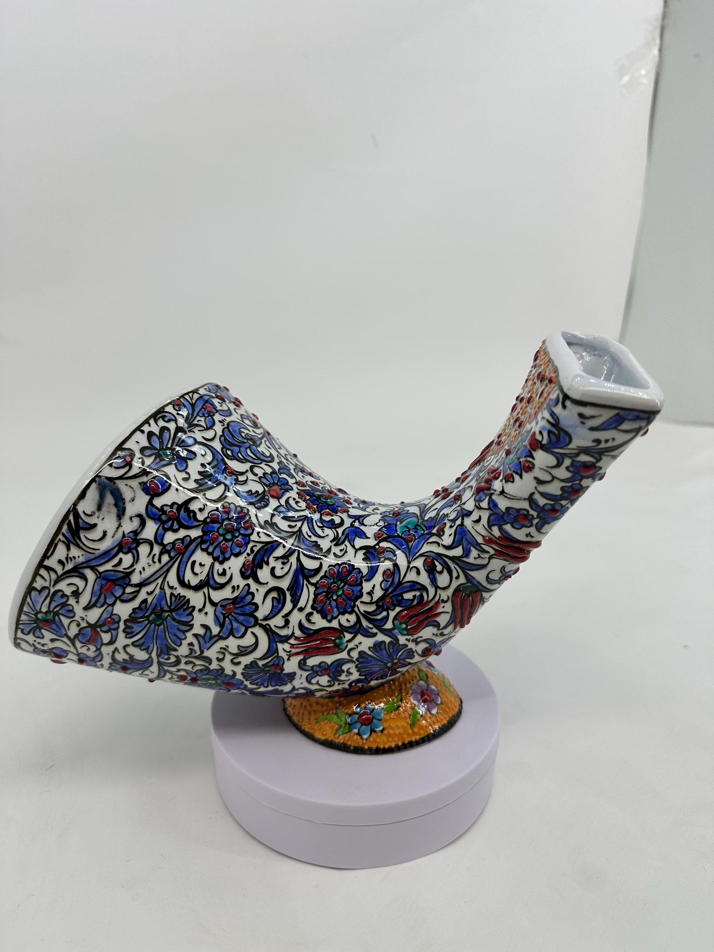 Turkish Ceramic Gramophone, White Floral Phone Amplifier, Handmade Iznik Speaker, Boho Oriental Decor, Gold Accent Gift