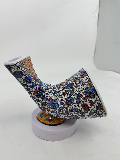 Turkish Ceramic Gramophone, White Floral Phone Amplifier, Handmade Iznik Speaker, Boho Oriental Decor, Gold Accent Gift
