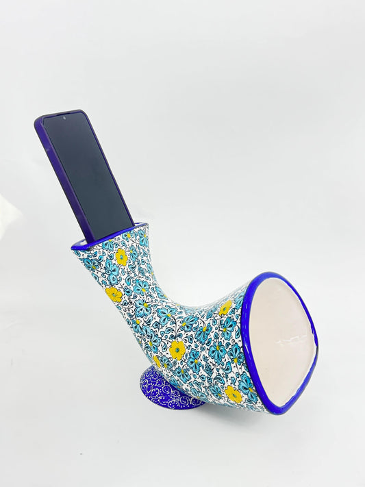 Ceramic Phone Amplifier, Handmade Gramophone Style Sound Booster, Turkish Tile Art, No Electricity Needed, Unique Gift