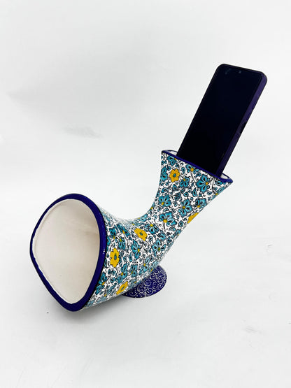 Ceramic Phone Amplifier, Handmade Gramophone Style Sound Booster, Turkish Tile Art, No Electricity Needed, Unique Gift