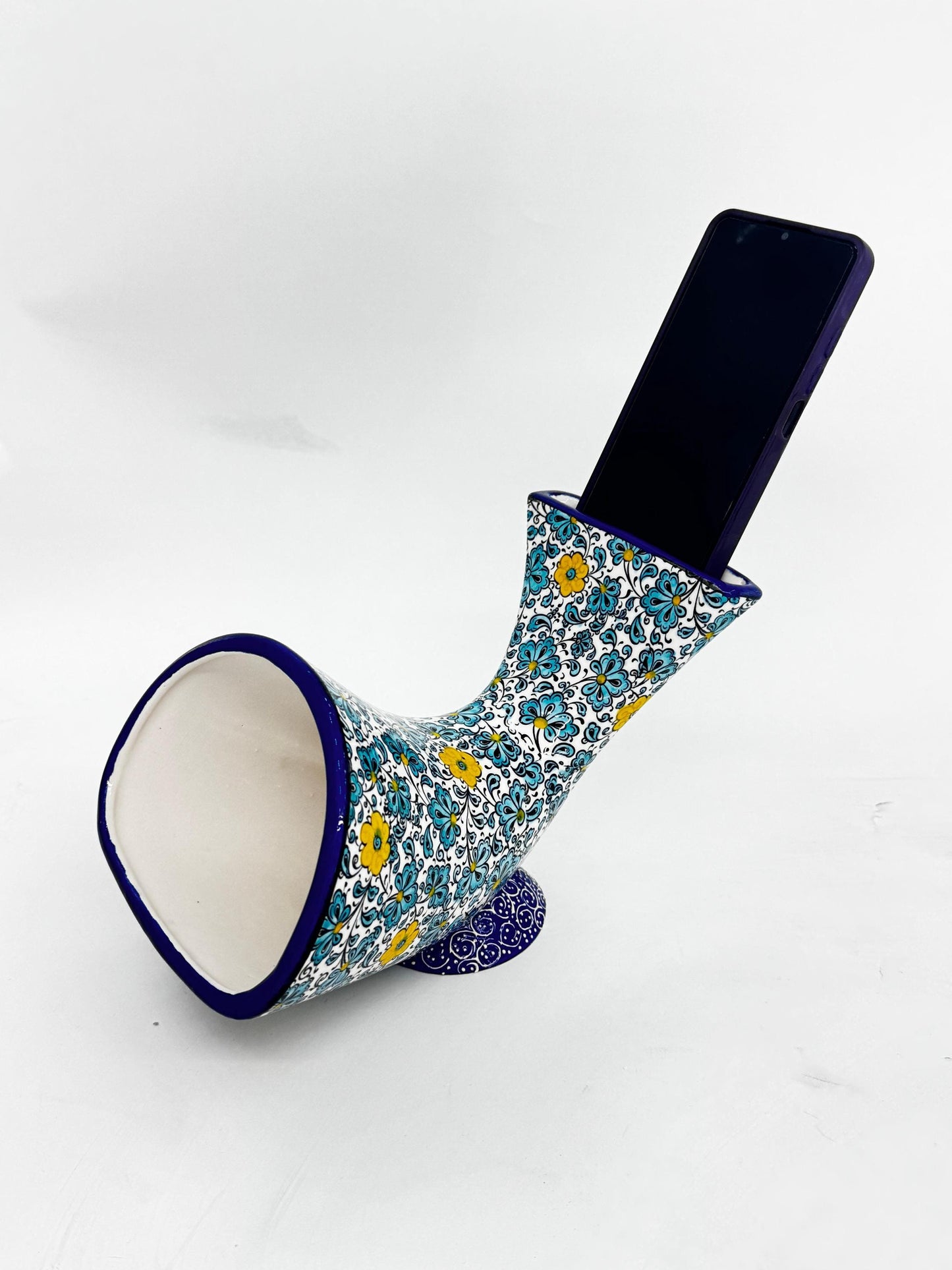 Ceramic Phone Amplifier, Handmade Gramophone Style Sound Booster, Turkish Tile Art, No Electricity Needed, Unique Gift