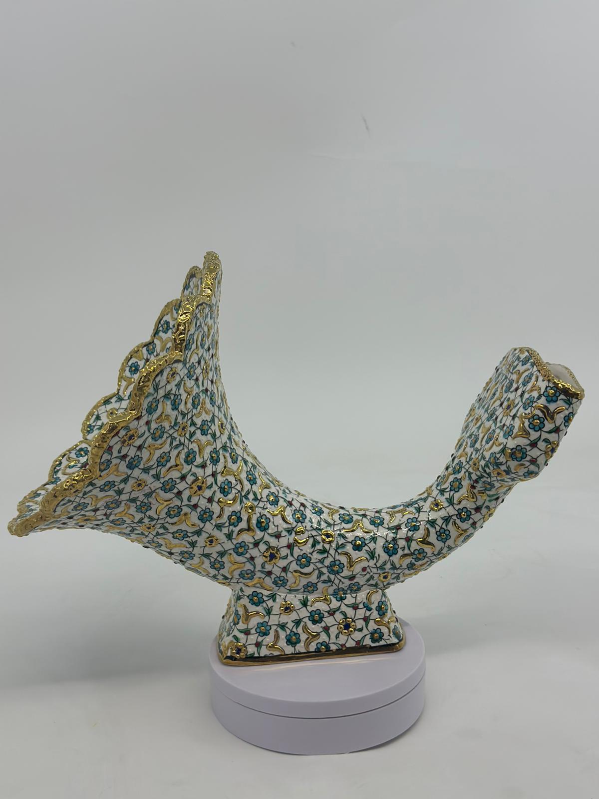 Ceramic Gramophone with 25K Gold, Floral Ottoman Style Horn Speaker, Handmade Pottery Amplifier, Acoustic Art Decor, 25x30 cm