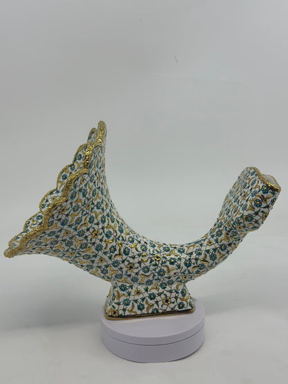 Ceramic Gramophone with 25K Gold, Floral Ottoman Style Horn Speaker, Handmade Pottery Amplifier, Acoustic Art Decor, 25x30 cm