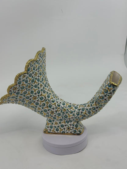 Ceramic Gramophone with 25K Gold, Floral Ottoman Style Horn Speaker, Handmade Pottery Amplifier, Acoustic Art Decor, 25x30 cm