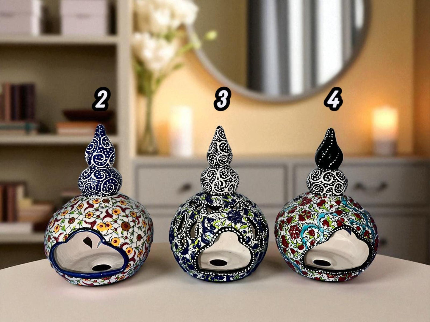 Handmade Turkish Ceramic Candle Holder: Nicea Floral Tealight, Boho Decor