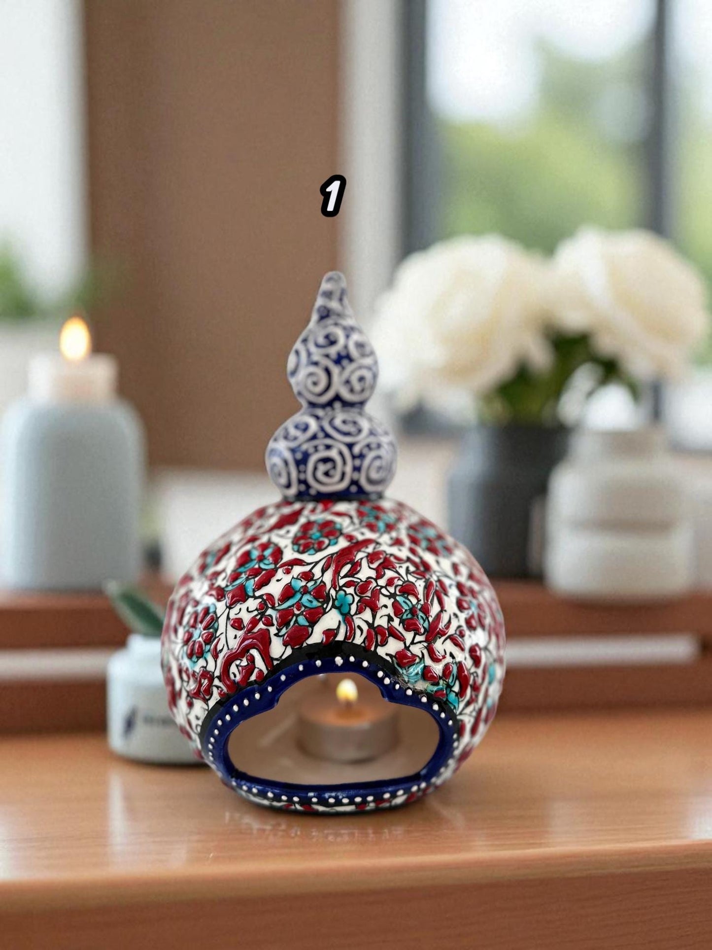 Handmade Turkish Ceramic Candle Holder: Nicea Floral Tealight, Boho Decor
