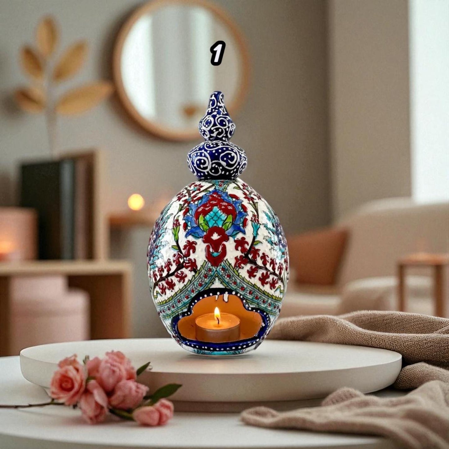 Handmade Turkish Ceramic Candle Holder: Ottoman Floral Lantern
