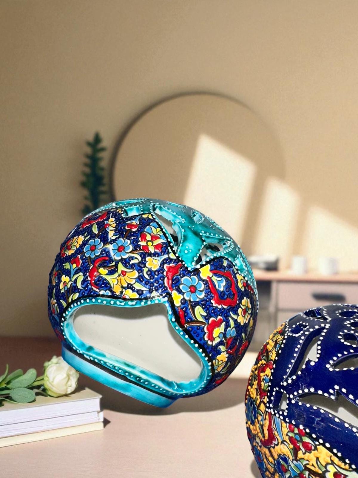 Handmade Turkish Ceramic Candle Holder: Nicea Floral Lantern, Boho Decor
