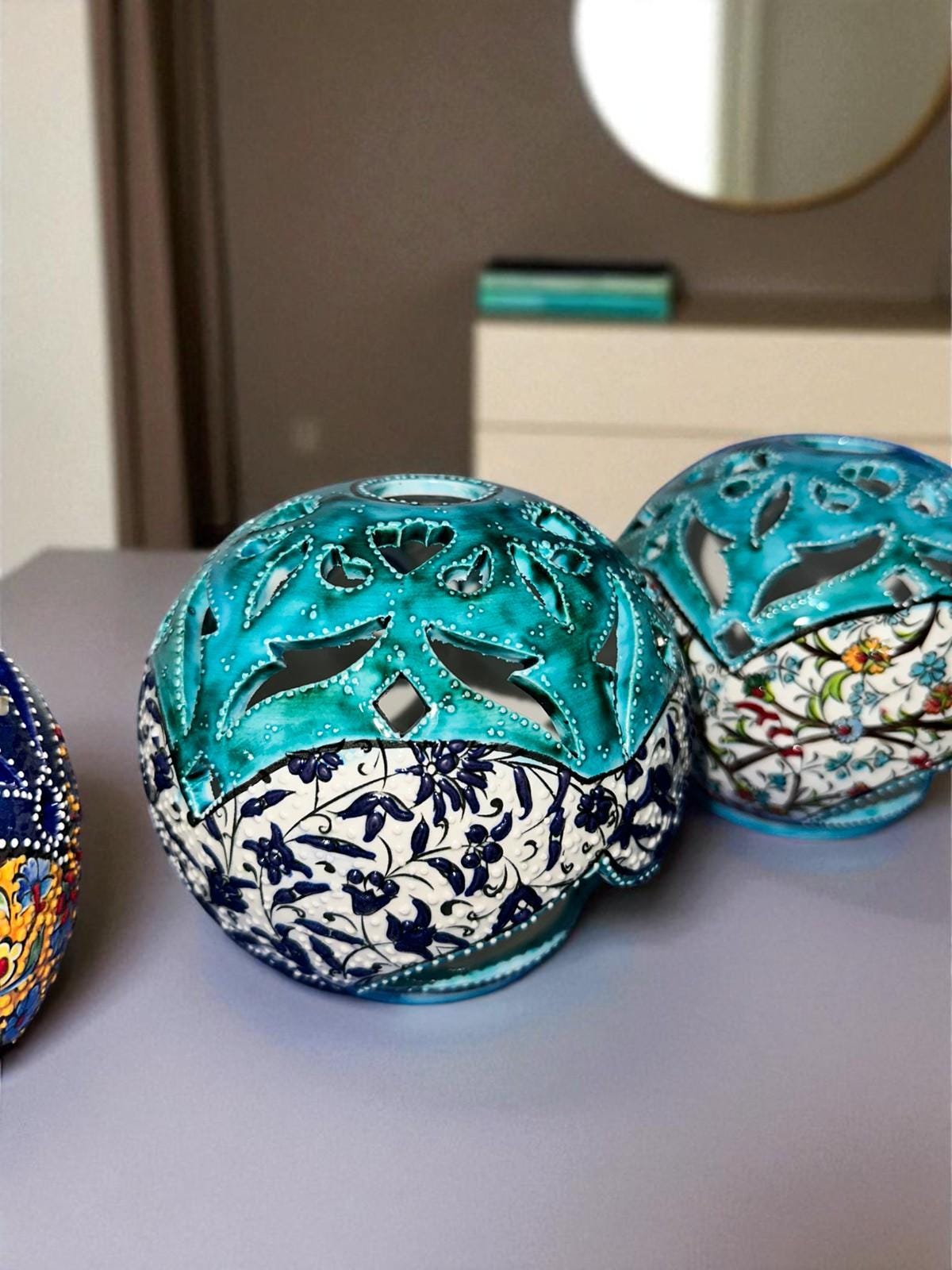 Handmade Turkish Ceramic Candle Holder: Nicea Floral Lantern, Boho Decor