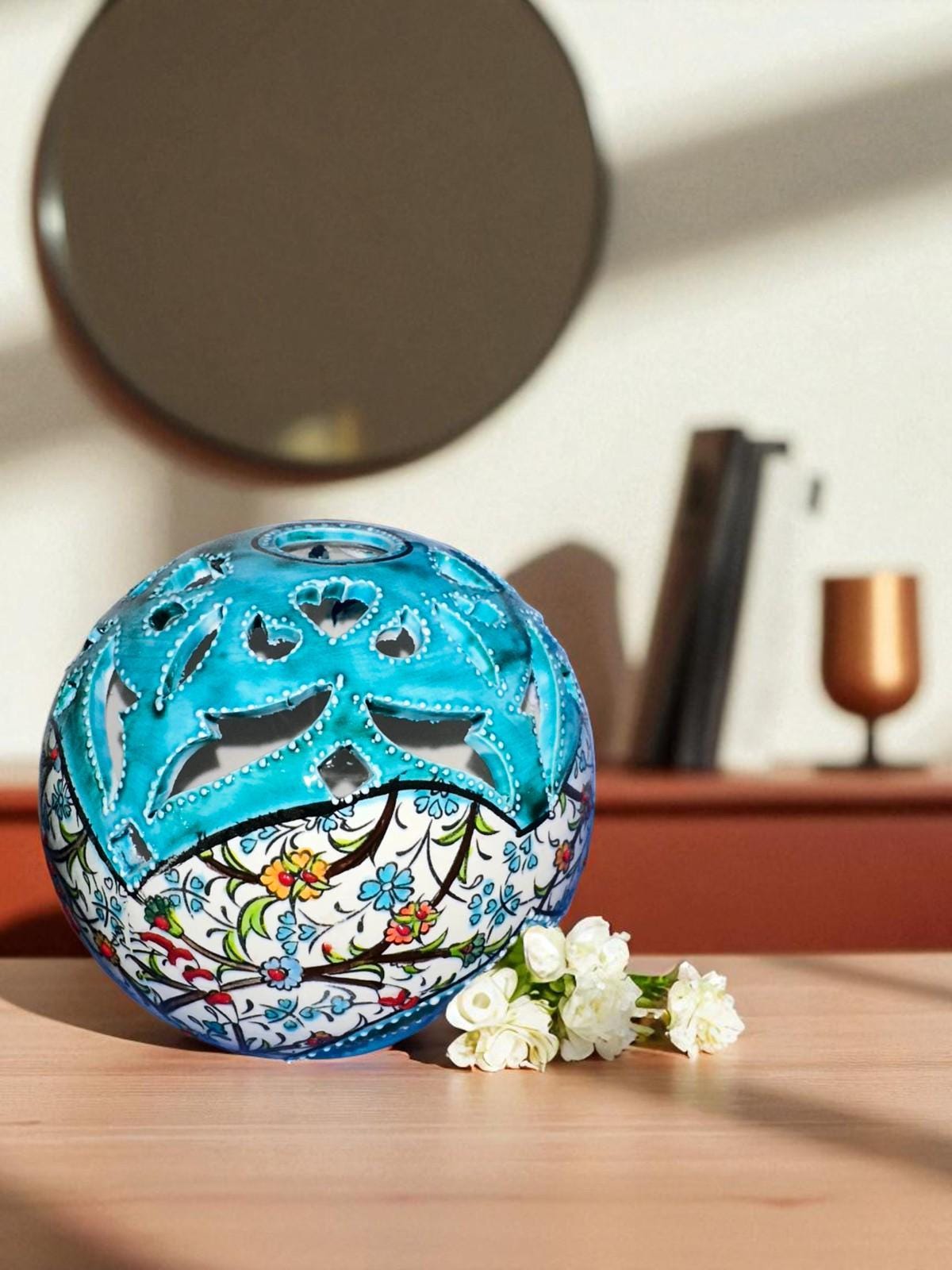 Handmade Turkish Ceramic Candle Holder: Nicea Floral Lantern, Boho Decor