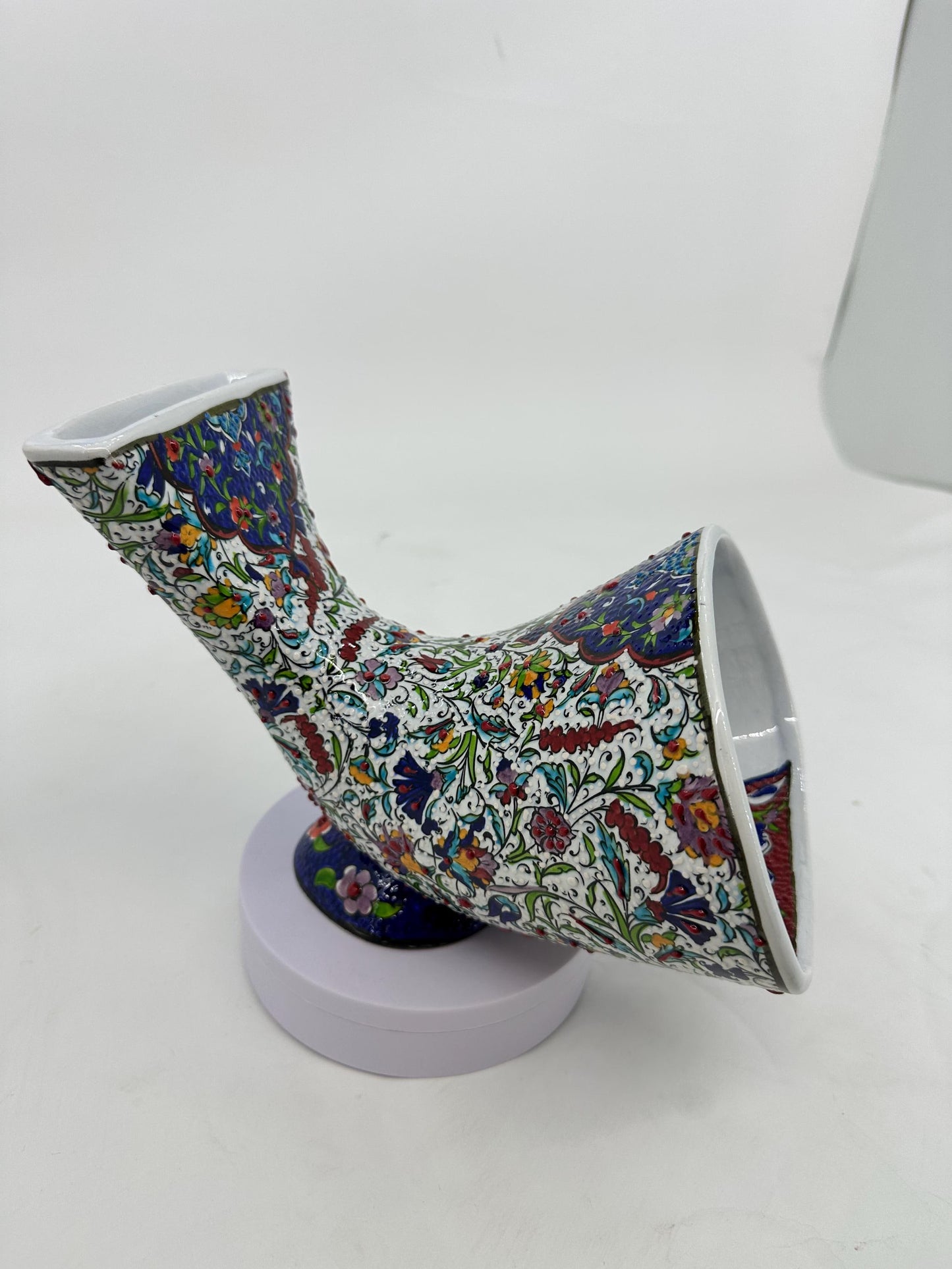 Handmade Ceramic Gramophone, Floral Phone Amplifier, Turkish Iznik Speaker, White Ottoman Decor, Boho Gift Idea