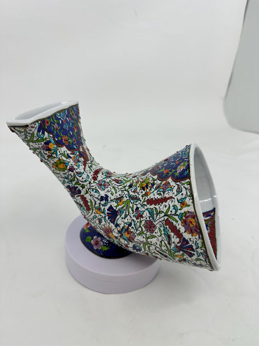 Handmade Ceramic Gramophone, Floral Phone Amplifier, Turkish Iznik Speaker, White Ottoman Decor, Boho Gift Idea