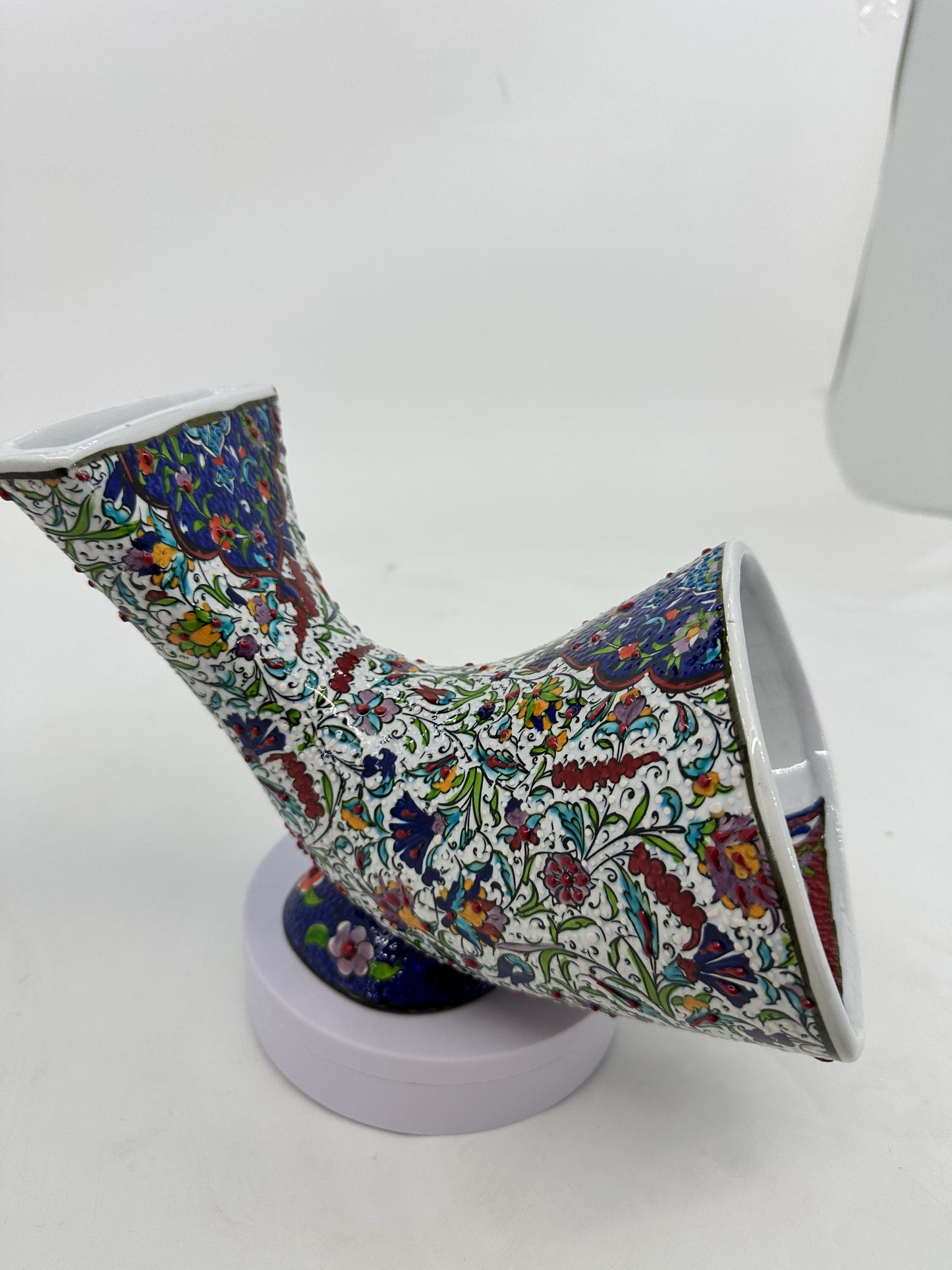 Handmade Ceramic Gramophone, Floral Phone Amplifier, Turkish Iznik Speaker, White Ottoman Decor, Boho Gift Idea
