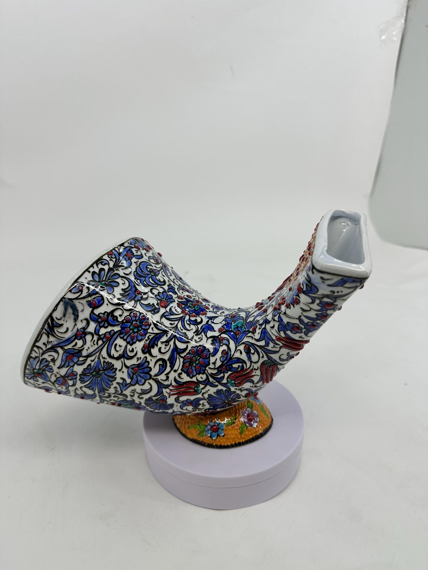 Turkish Ceramic Gramophone, White Floral Phone Amplifier, Handmade Iznik Speaker, Boho Oriental Decor, Gold Accent Gift