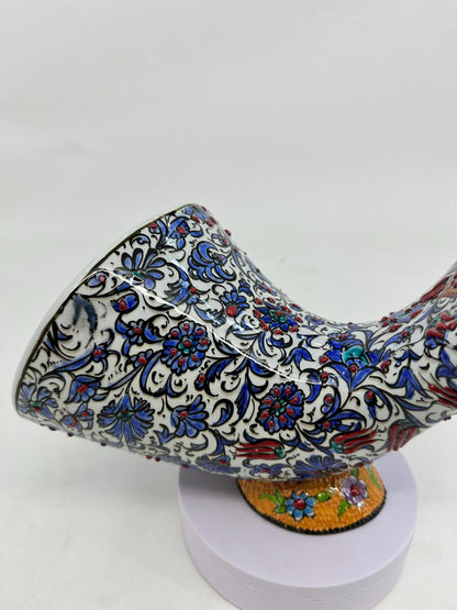 Turkish Ceramic Gramophone, White Floral Phone Amplifier, Handmade Iznik Speaker, Boho Oriental Decor, Gold Accent Gift