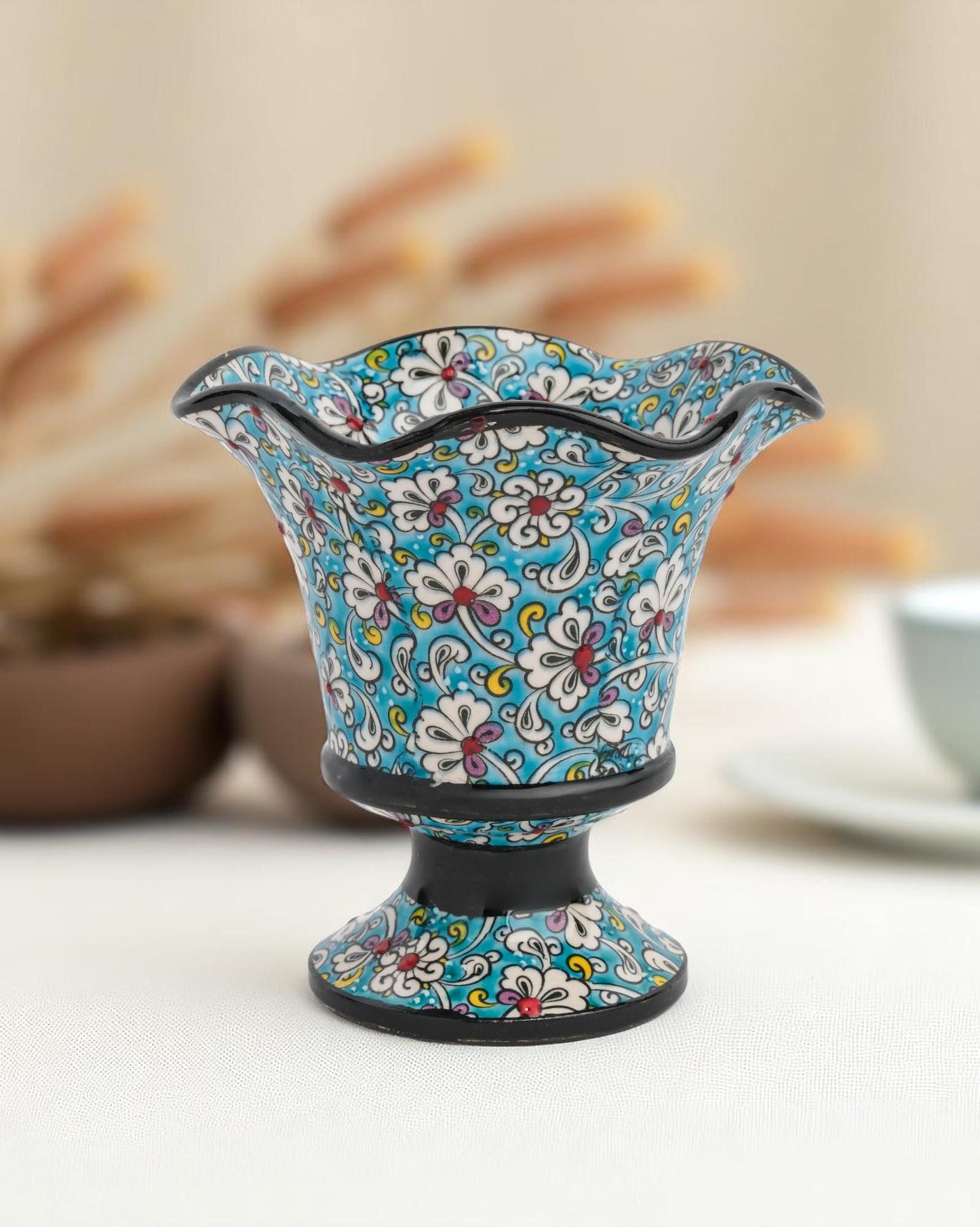 Hand Painted Turkish Pedestal Vase: Blue Floral Ottoman Decor