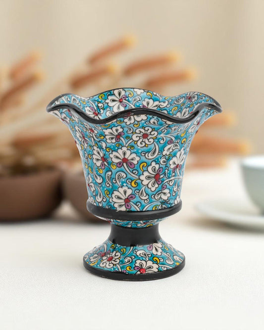 Hand Painted Turkish Pedestal Vase: Blue Floral Ottoman Decor
