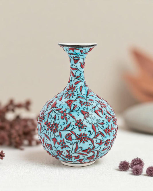 Hand-Painted Turkish Ceramic Vase: Red Floral Ottoman Decor