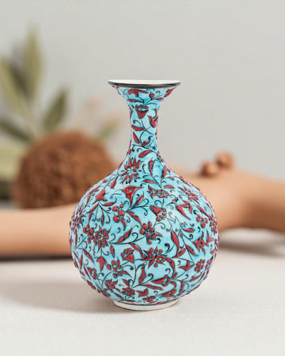 Hand-Painted Turkish Ceramic Vase: Red Floral Ottoman Decor