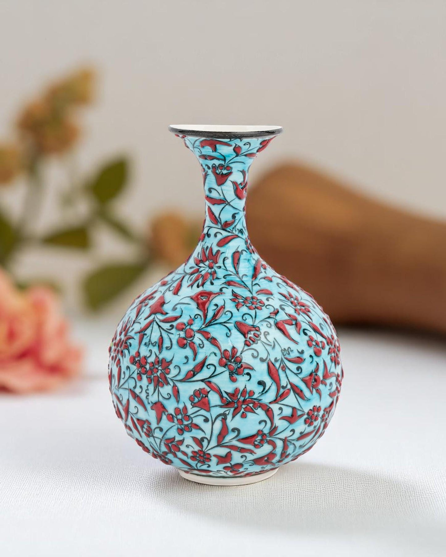 Hand-Painted Turkish Ceramic Vase: Red Floral Ottoman Decor