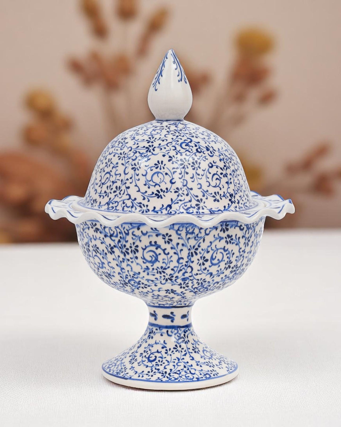 Hand Painted Turkish Ceramic Candy Dish: Ottoman Style Blue Floral Bowl