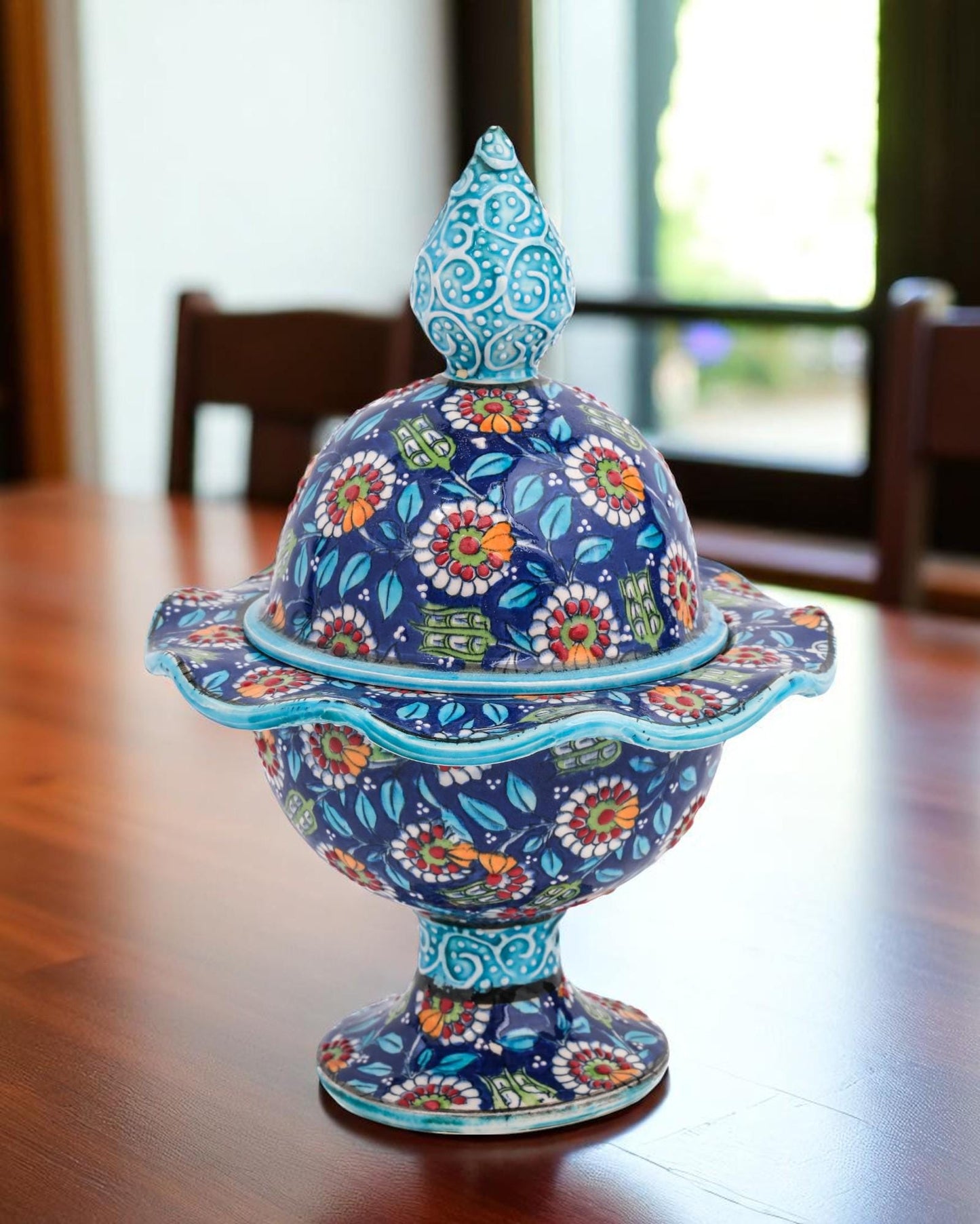 Hand Painted Turkish Ceramic Candy Dish: Ottoman Style Pedestal Bowl