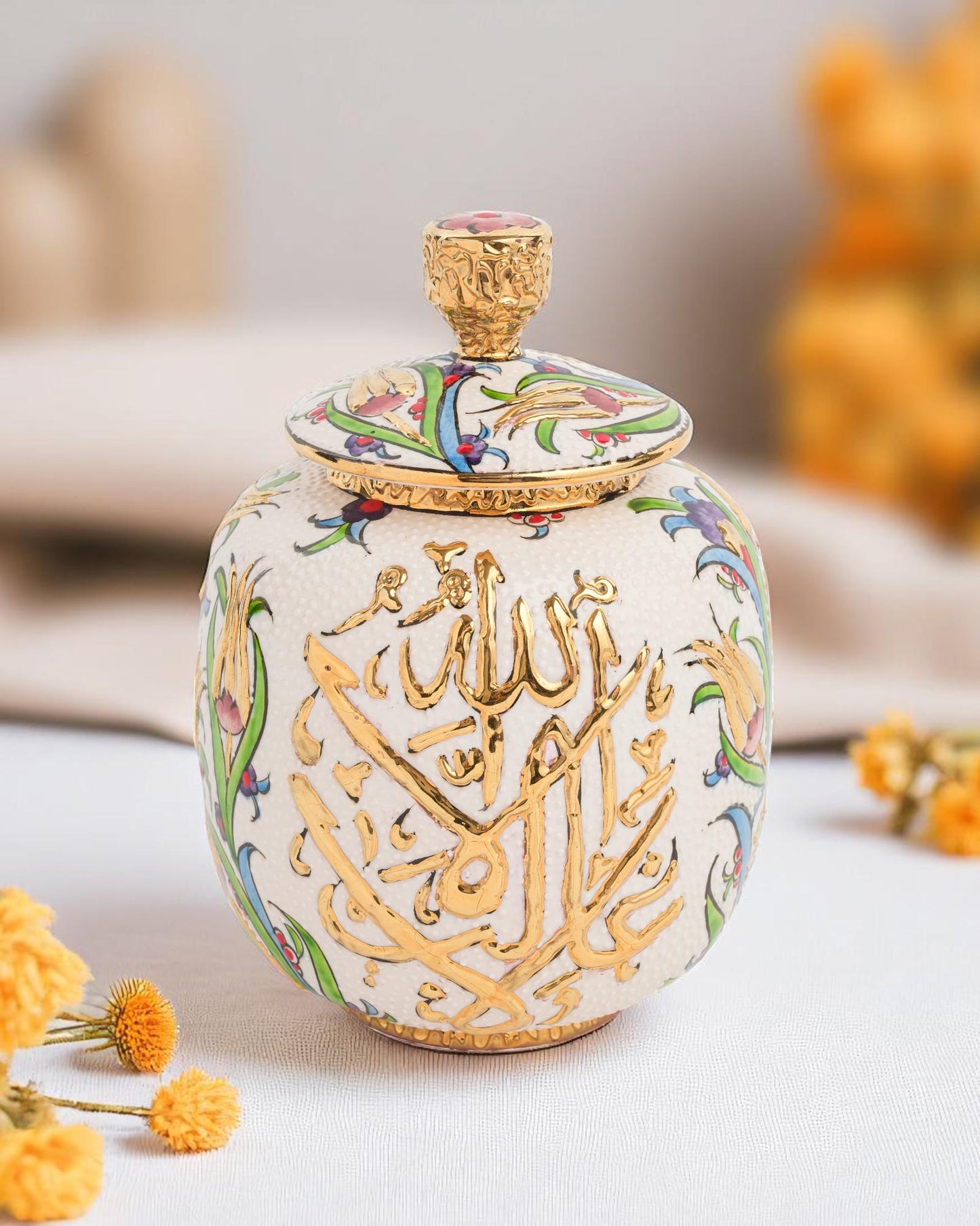 Hand Painted Turkish Ceramic Jar: 24K Gold Ottoman Calligraphy Lidded Pot