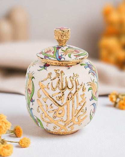Hand Painted Turkish Ceramic Jar: 24K Gold Ottoman Calligraphy Lidded Pot