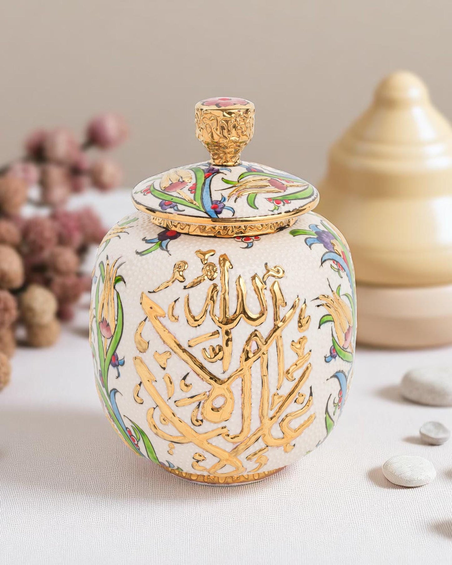 Hand Painted Turkish Ceramic Jar: 24K Gold Ottoman Calligraphy Lidded Pot