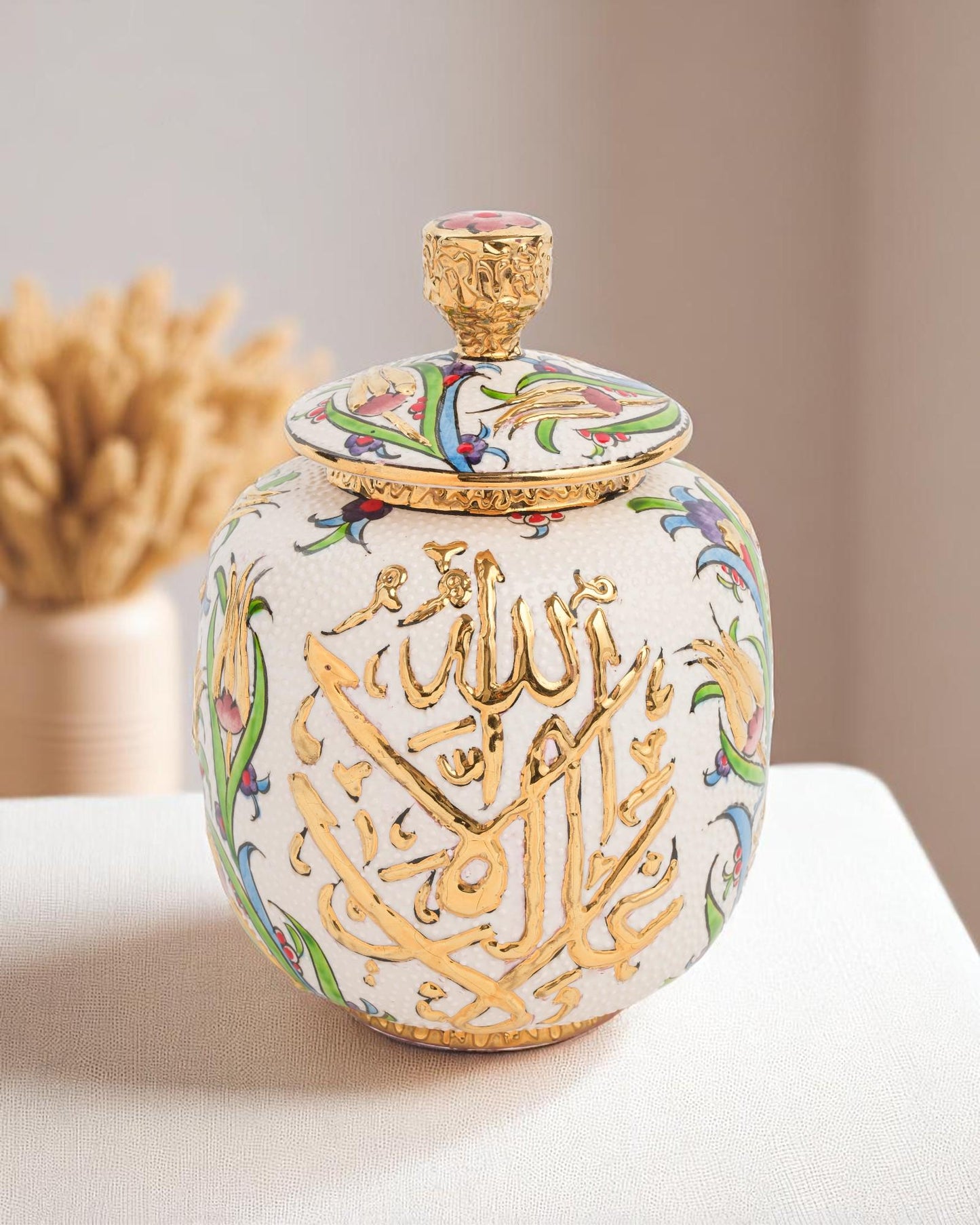 Hand Painted Turkish Ceramic Jar: 24K Gold Ottoman Calligraphy Lidded Pot