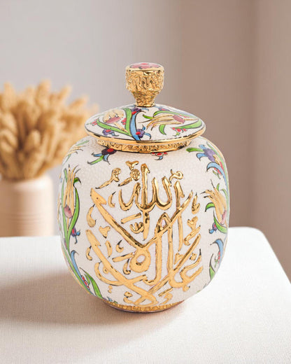 Hand Painted Turkish Ceramic Jar: 24K Gold Ottoman Calligraphy Lidded Pot